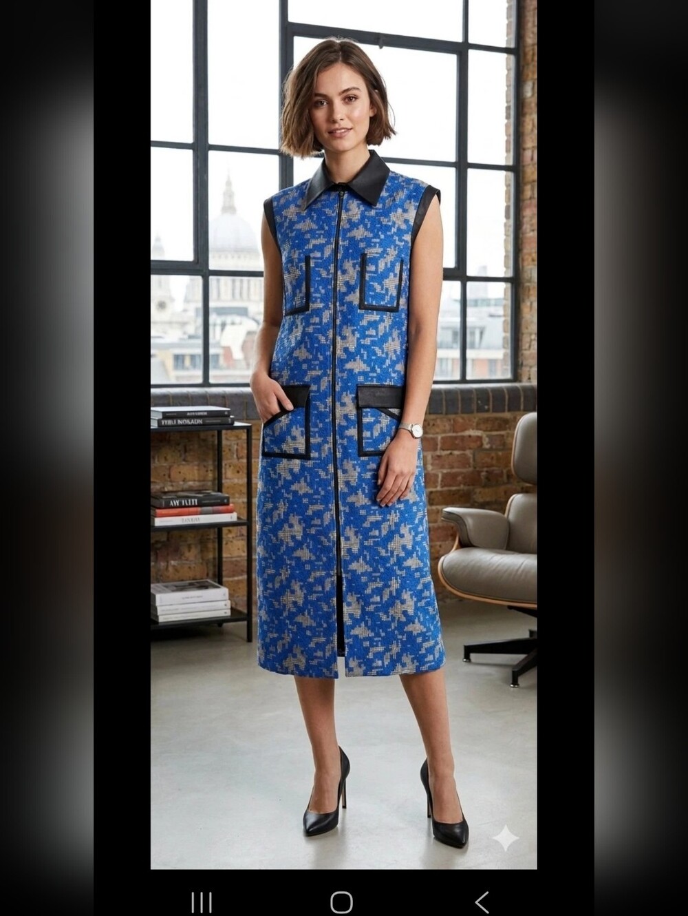 Hanh Merriman Blue Pixelated Houndstooth Sleeveless Utility Dress Medium